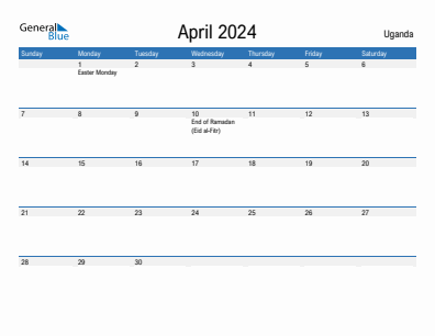 Current month calendar with Uganda holidays for April 2024