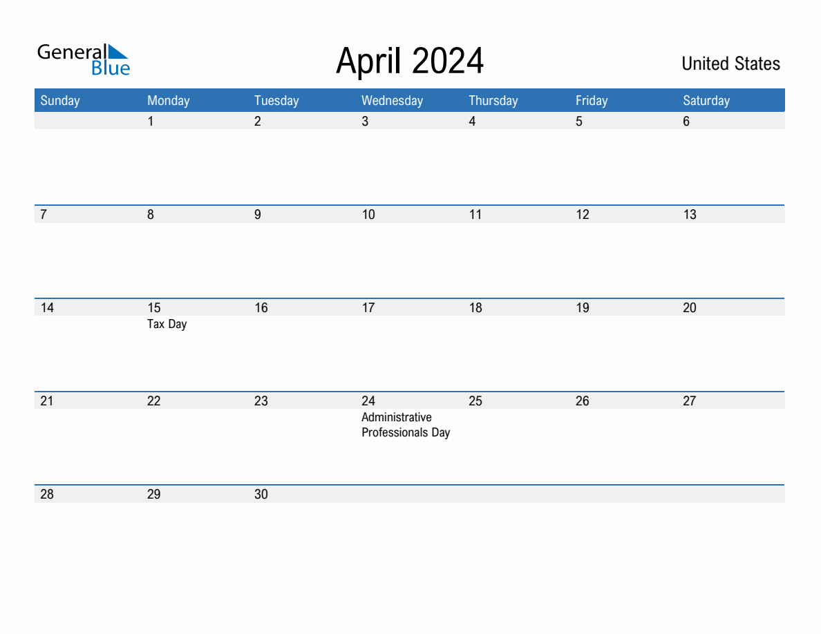 April 2024 Monthly Calendar with United States Holidays