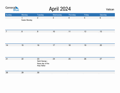 Current month calendar with Vatican holidays for April 2024