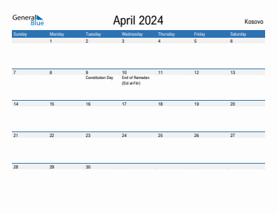 Current month calendar with Kosovo holidays for April 2024