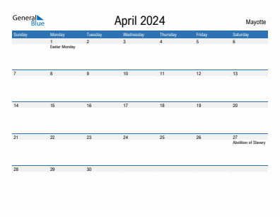 Current month calendar with Mayotte holidays for April 2024