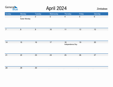 Current month calendar with Zimbabwe holidays for April 2024