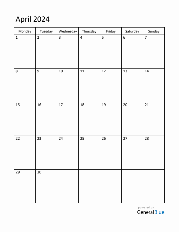 Monday Start Calendar for April 2024