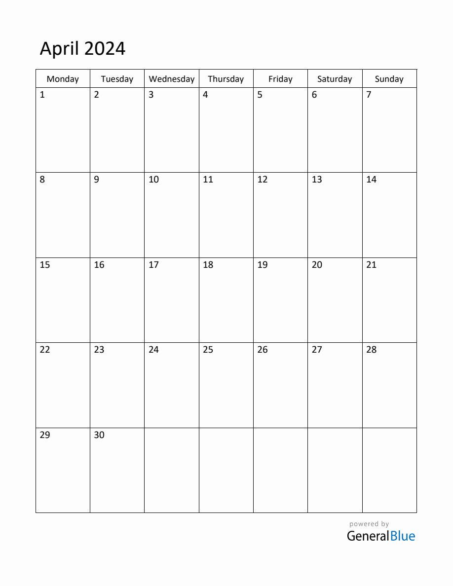 Editable April 2024 Monthly Calendar