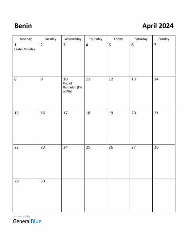 April 2024 Calendar with Benin Holidays