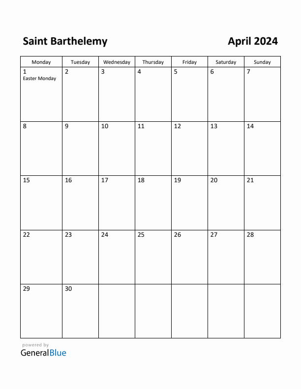April 2024 Calendar with Saint Barthelemy Holidays