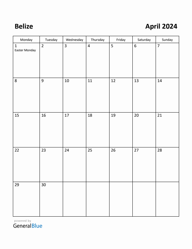 April 2024 Calendar with Belize Holidays