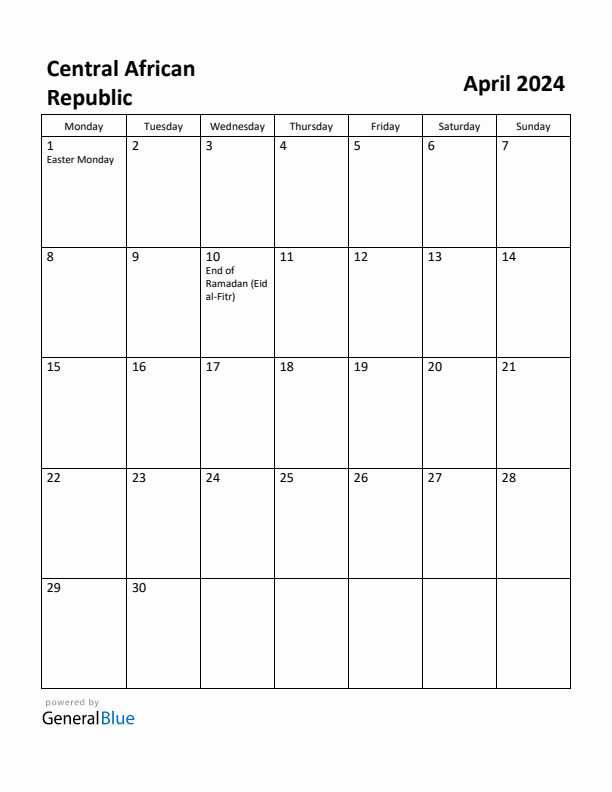 Free Printable April 2024 Calendar for Central African Republic