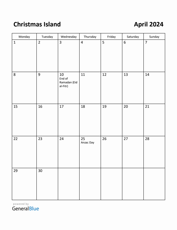 April 2024 Calendar with Christmas Island Holidays