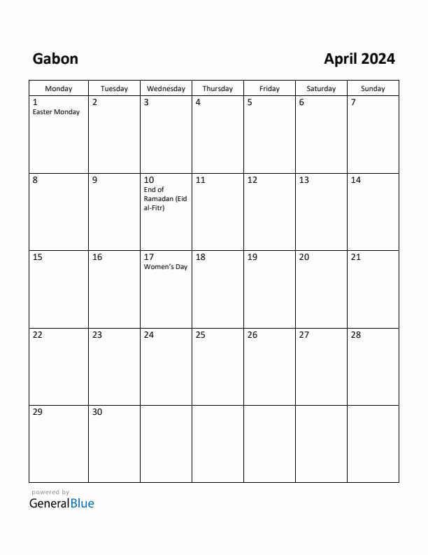 April 2024 Calendar with Gabon Holidays