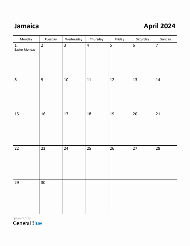 April 2024 Calendar with Jamaica Holidays