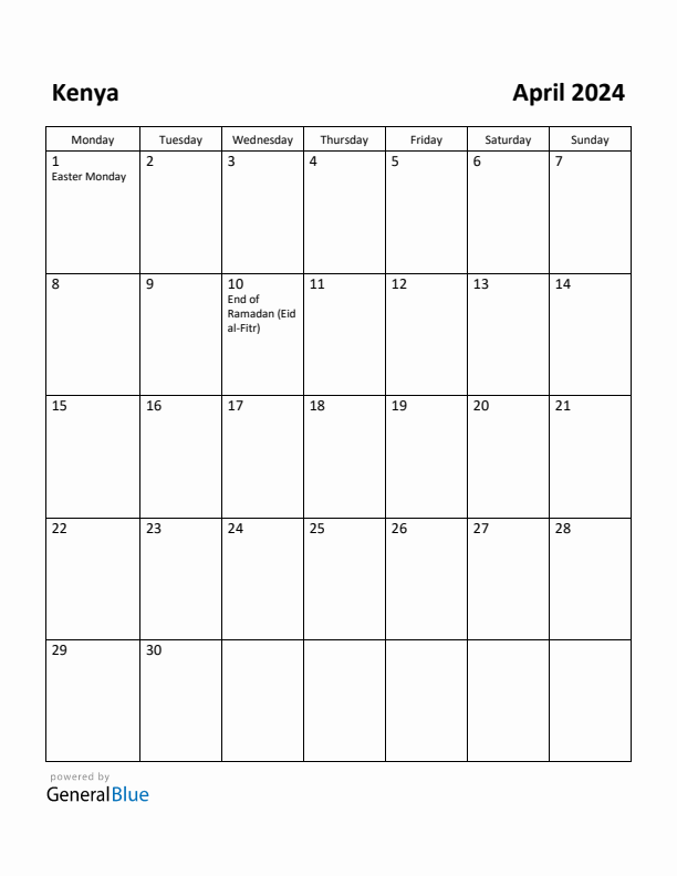 April 2024 Calendar with Kenya Holidays