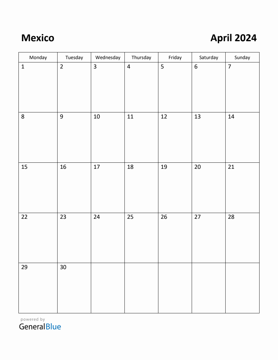 Free Printable April 2024 Calendar for Mexico