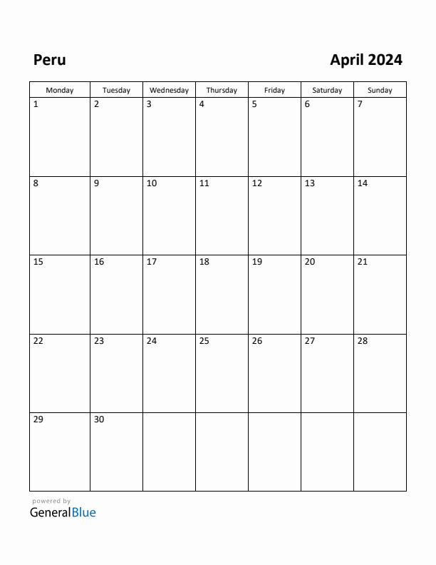 April 2024 Calendar with Peru Holidays