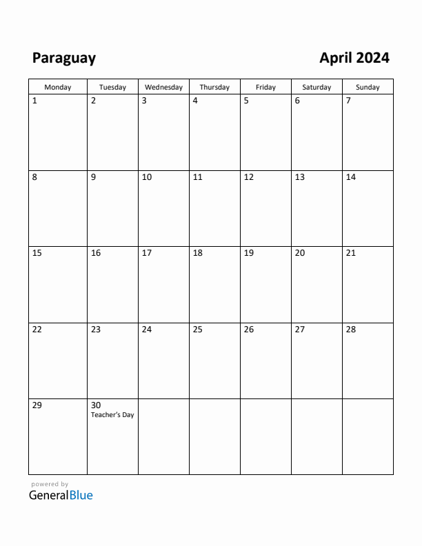 April 2024 Calendar with Paraguay Holidays