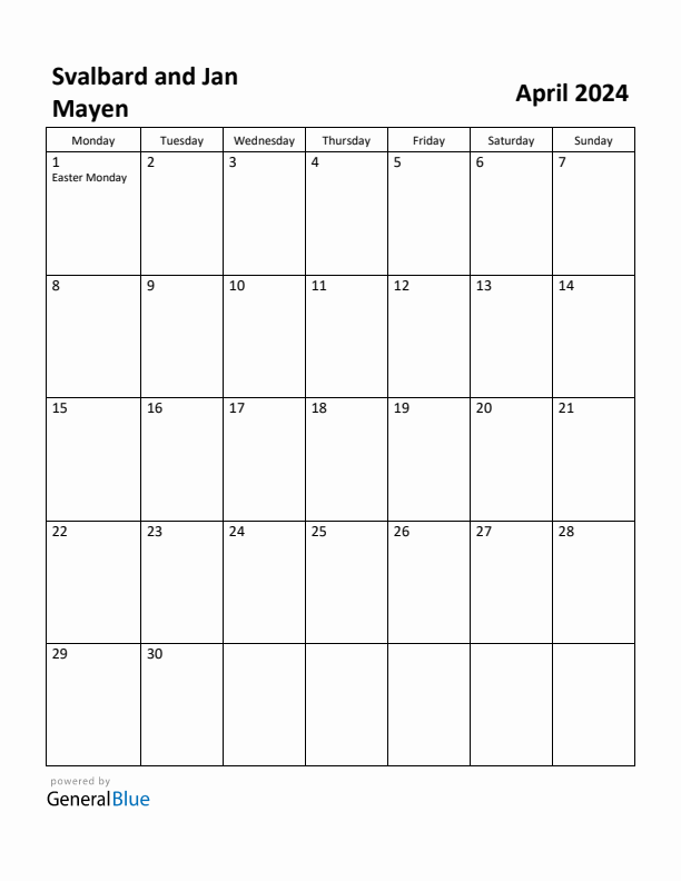 April 2024 Calendar with Svalbard and Jan Mayen Holidays
