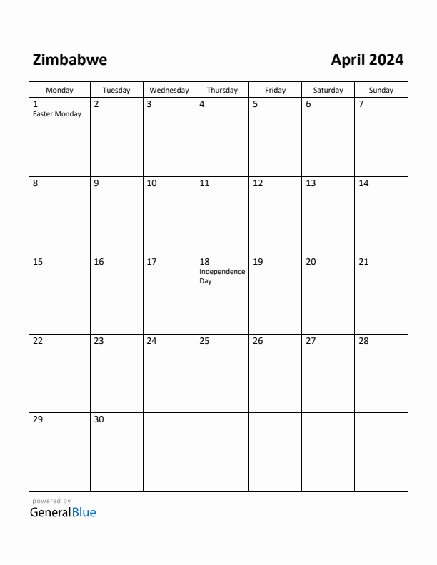 April 2024 Calendar with Zimbabwe Holidays