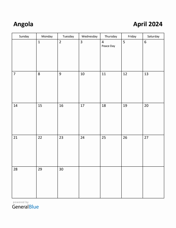 April 2024 Calendar with Angola Holidays