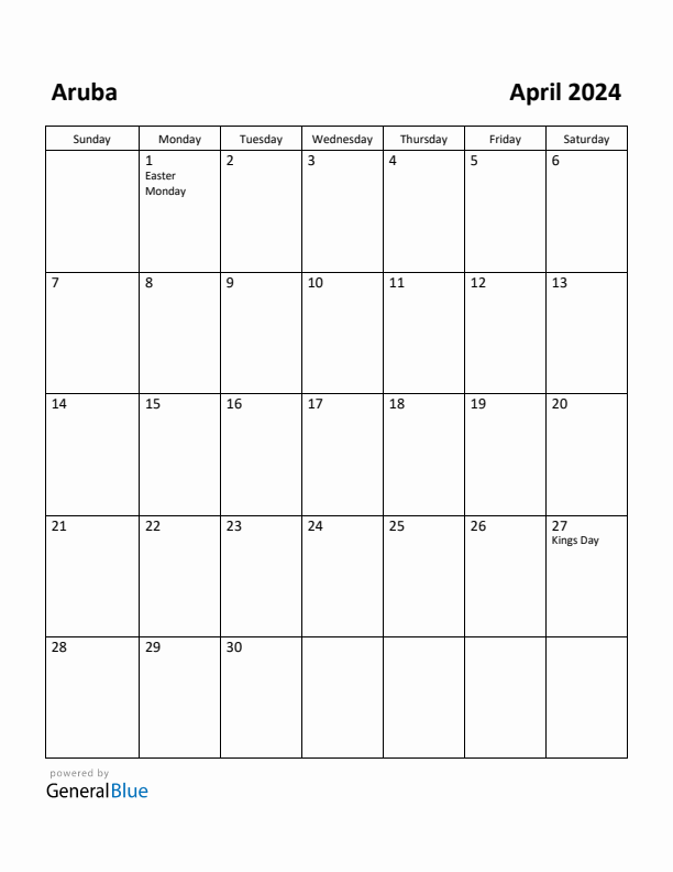 April 2024 Calendar with Aruba Holidays