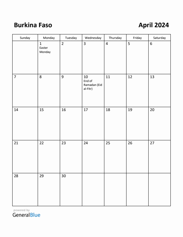 April 2024 Calendar with Burkina Faso Holidays