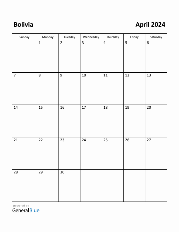 April 2024 Calendar with Bolivia Holidays