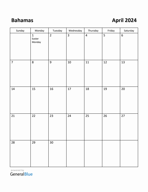April 2024 Calendar with Bahamas Holidays
