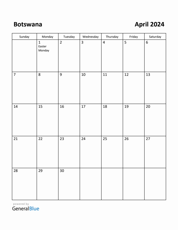 April 2024 Calendar with Botswana Holidays