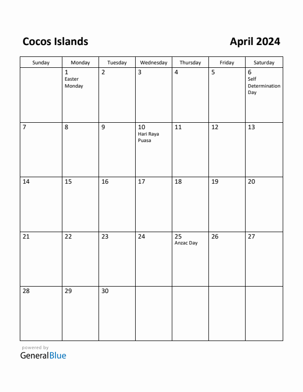 April 2024 Calendar with Cocos Islands Holidays