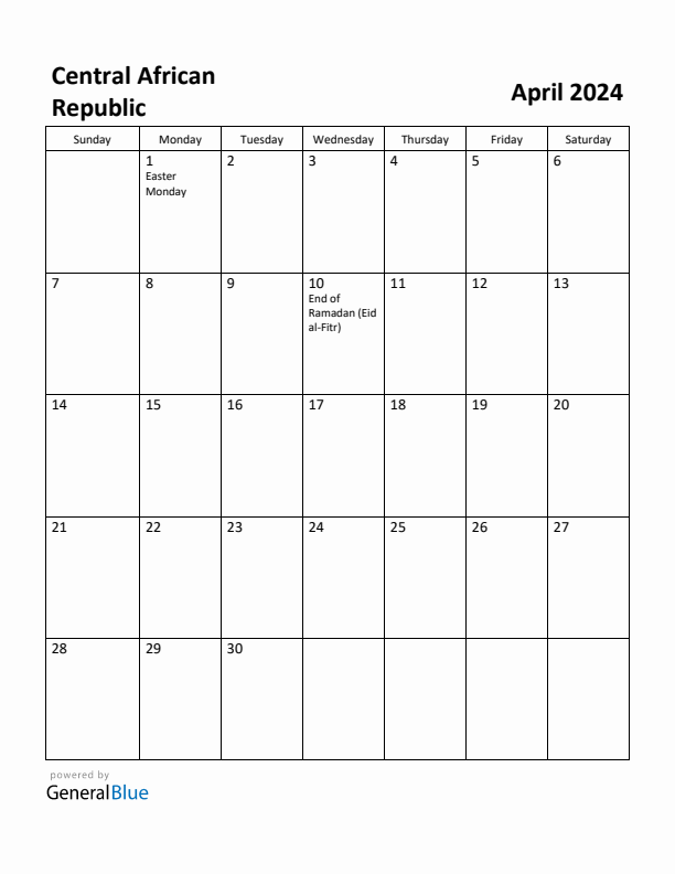 April 2024 Calendar with Central African Republic Holidays