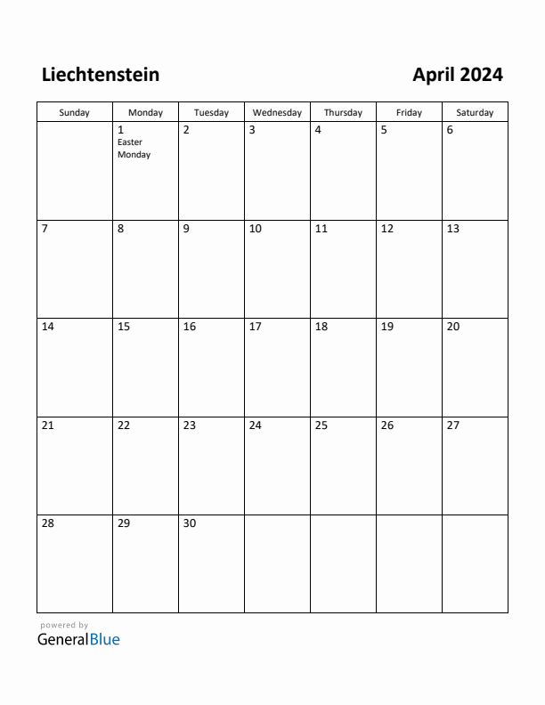 April 2024 Calendar with Liechtenstein Holidays