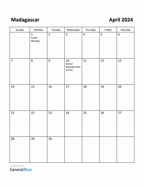 April 2024 Calendar with Madagascar Holidays