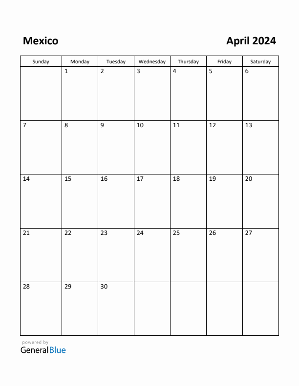 April 2024 Calendar with Mexico Holidays