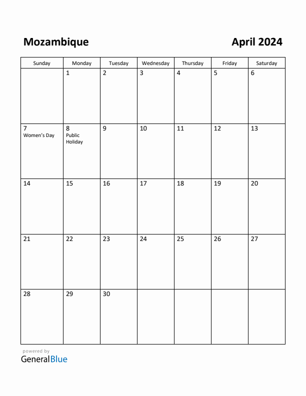 April 2024 Calendar with Mozambique Holidays