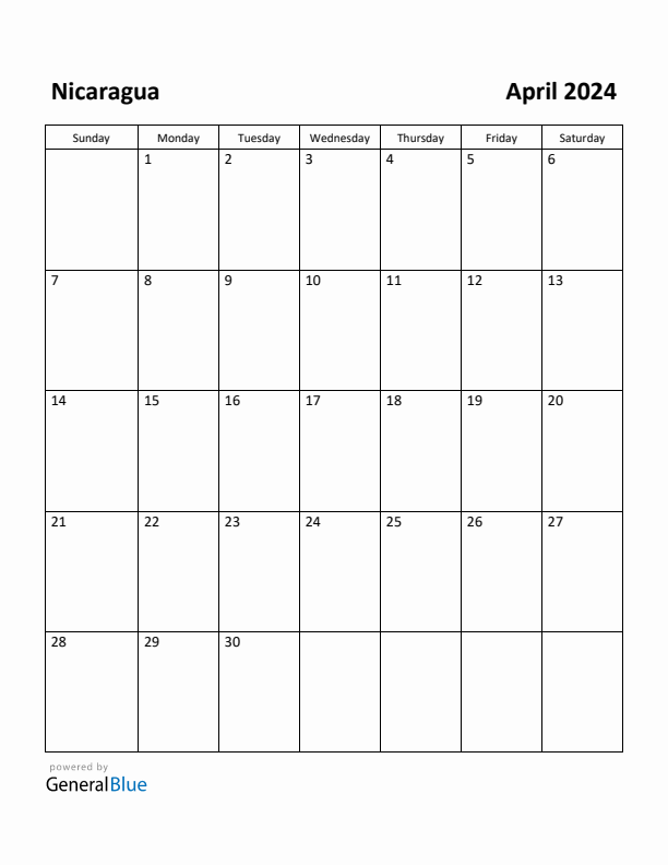 April 2024 Calendar with Nicaragua Holidays