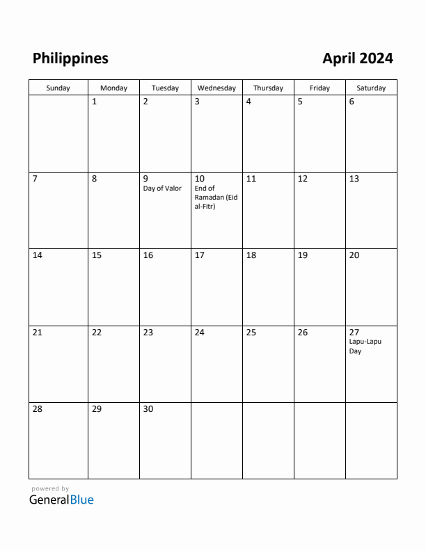 April 2024 Monthly Calendar with Philippines Holidays