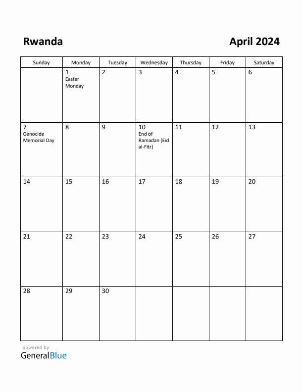 April 2024 Calendar with Rwanda Holidays
