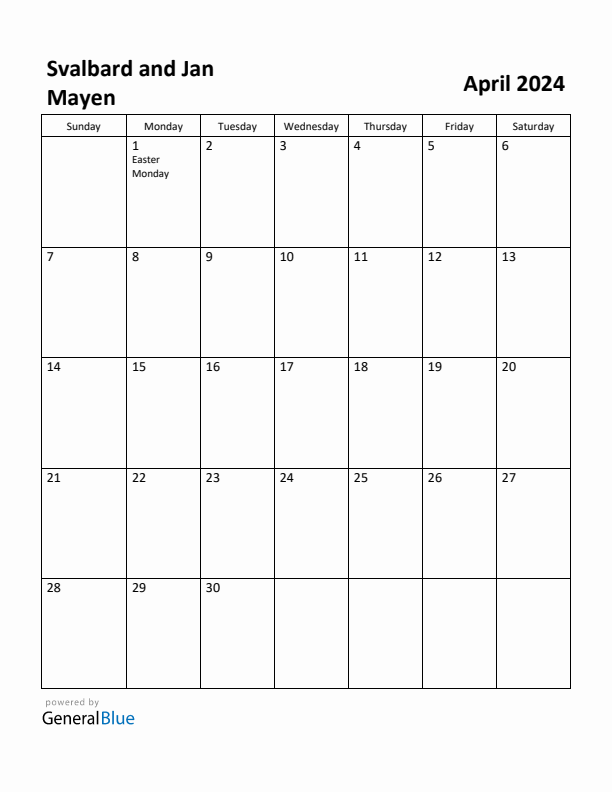 April 2024 Calendar with Svalbard and Jan Mayen Holidays