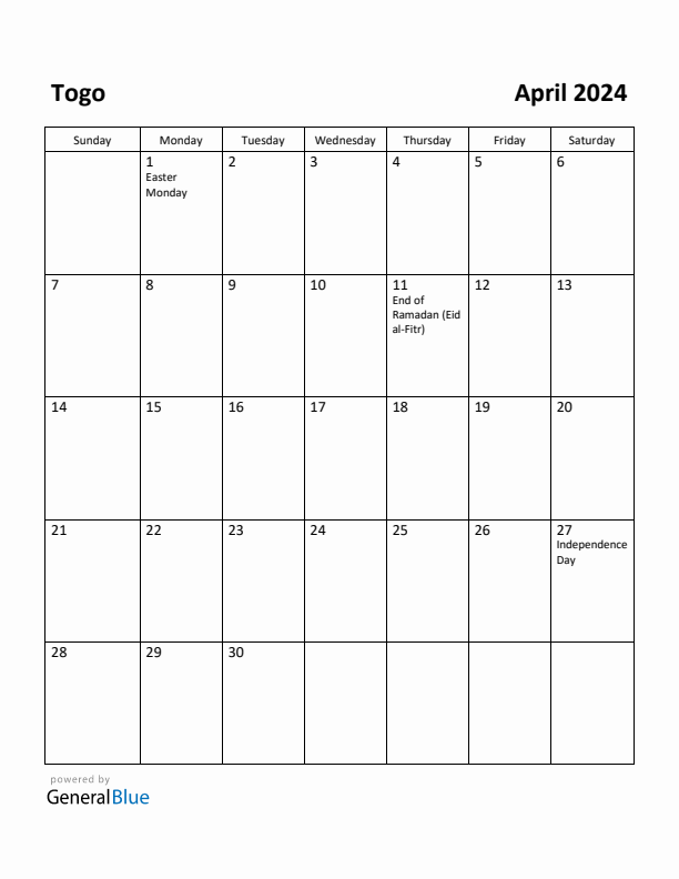 April 2024 Calendar with Togo Holidays