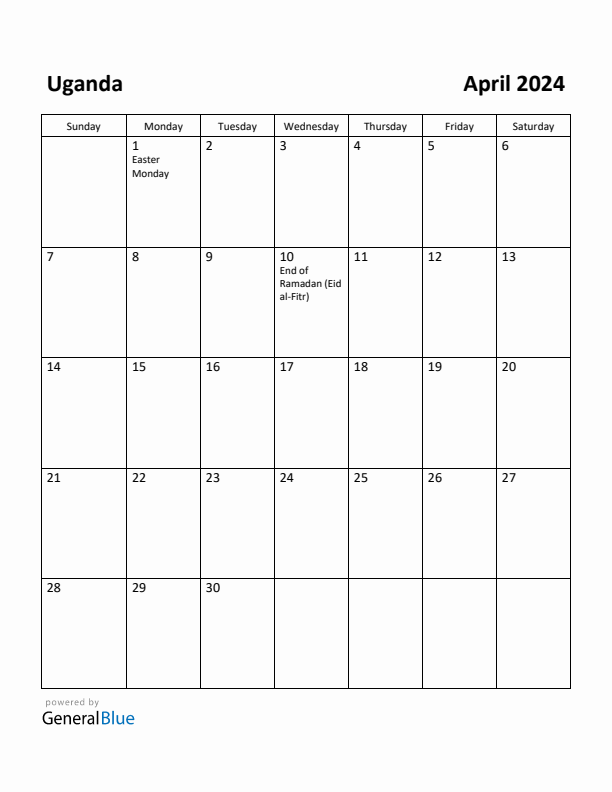 April 2024 Calendar with Uganda Holidays