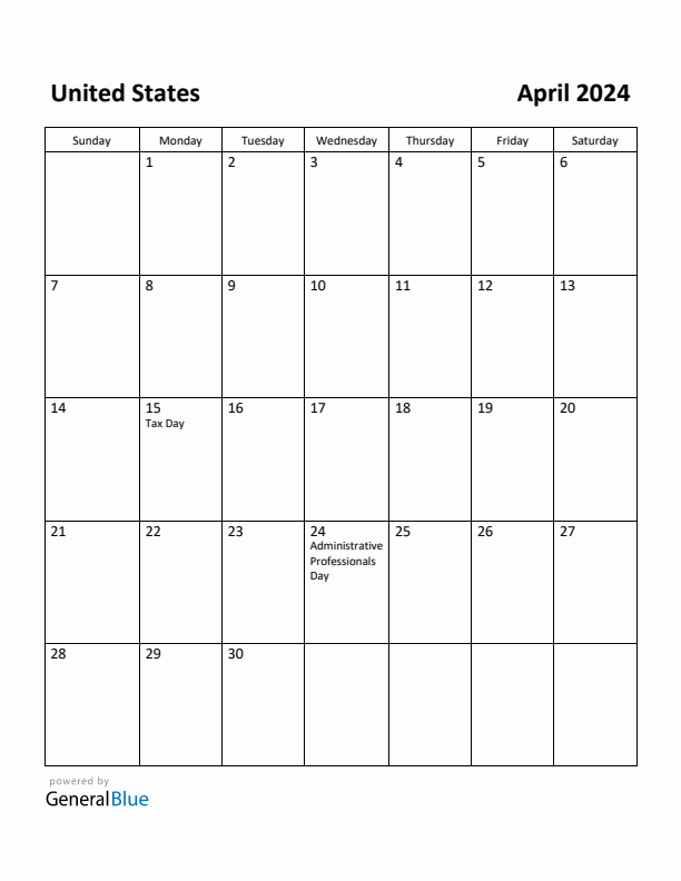 April 2024 Calendar with United States Holidays
