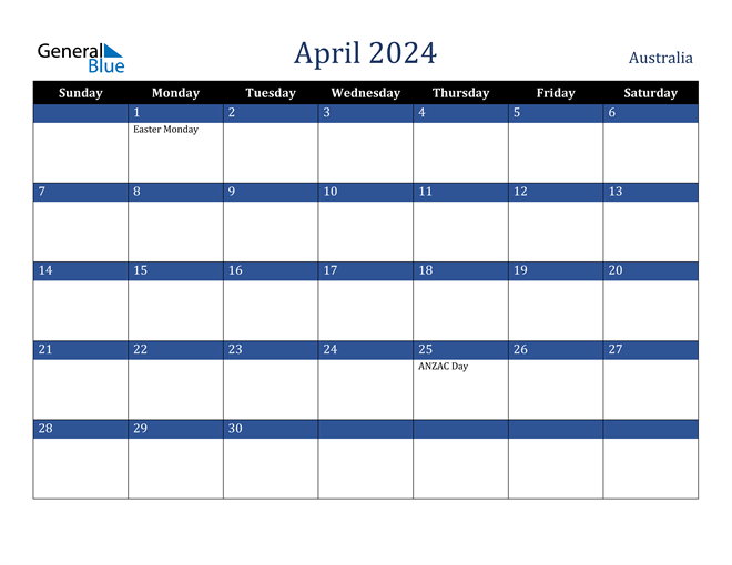 April 2024 Calendar with Australia Holidays