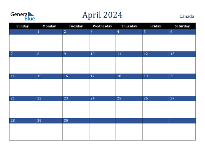 April 2024 Calendar Canada Blank Ailene Ranice
