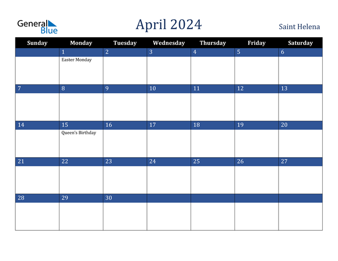 Saint Helena April 2024 Calendar with Holidays