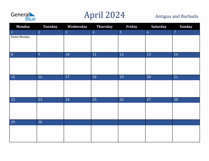 April 2024 Antigua and Barbuda Calendar (Monday Start)