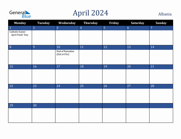 April 2024 Albania Calendar (Monday Start)