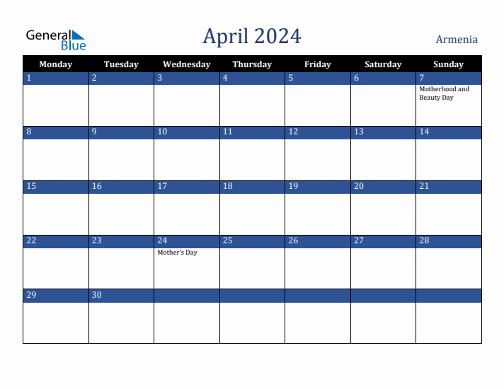 April 2024 Armenia Calendar (Monday Start)
