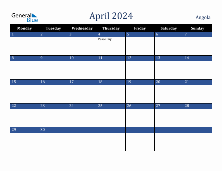 April 2024 Angola Calendar (Monday Start)