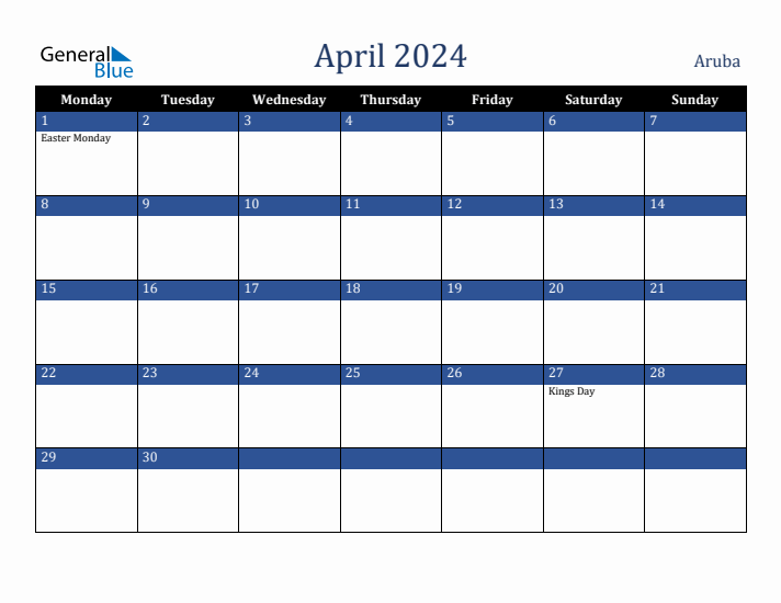 April 2024 Aruba Calendar (Monday Start)