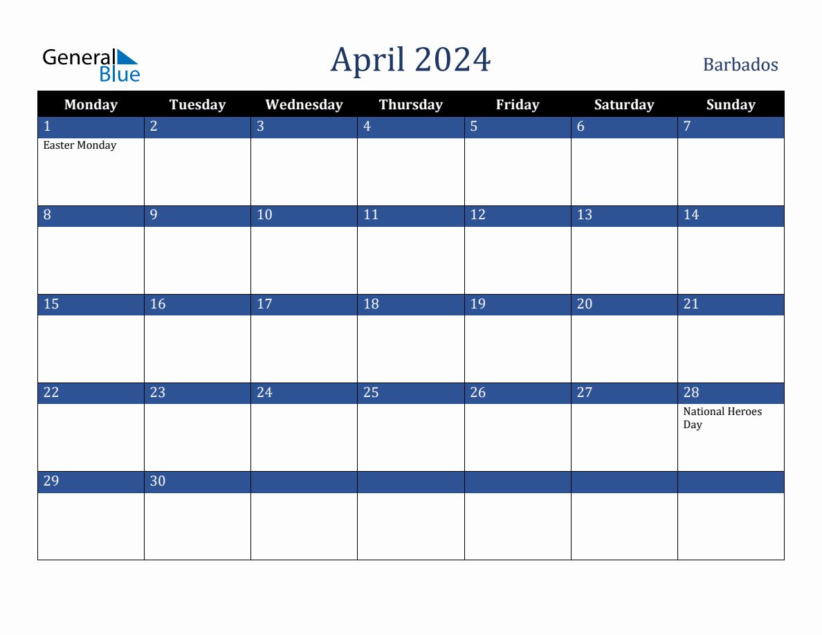 April 2024 Barbados Holiday Calendar