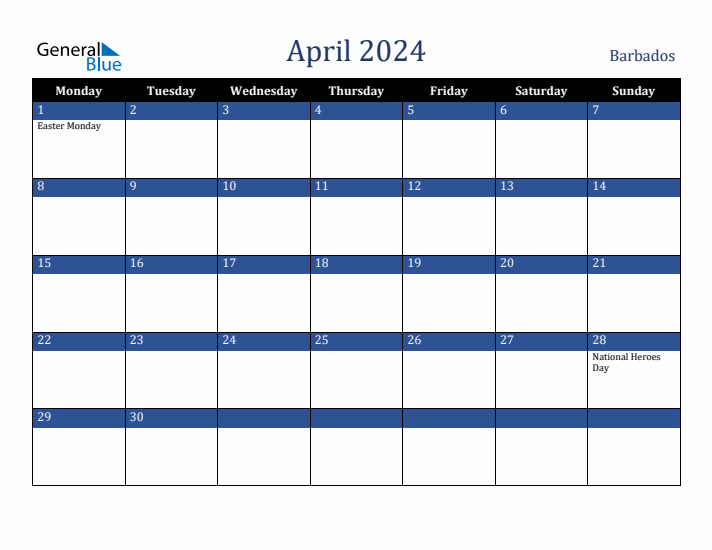 April 2024 Barbados Calendar (Monday Start)